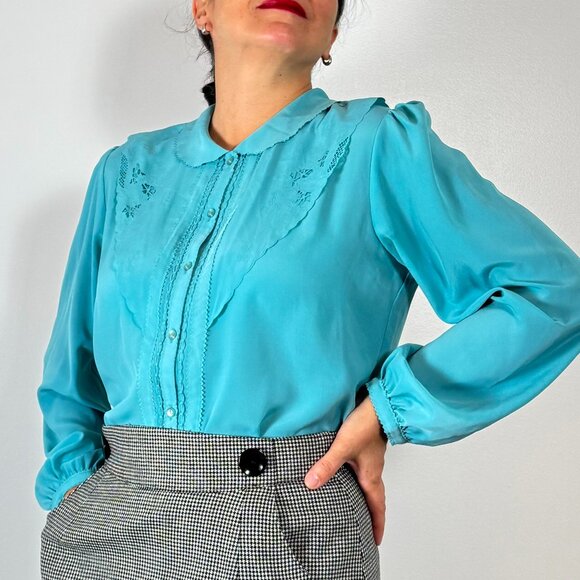 Vintage VIRONA Light Teal Embroidered Long Sleeve Blouse - Size 40 EU - Picture 6 of 11